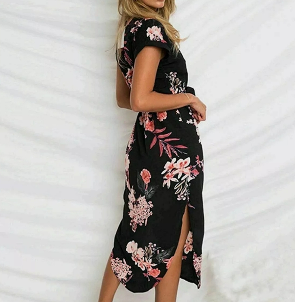 Black Floral Summer Dress with Belt - Picture 2 of 7